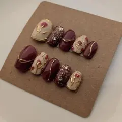 【サイズオーダー制】ネイルチップ・フラワーデザイン・バーガンディ