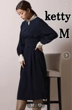 ketty ベルト付きタックワンピース M 長袖ワンピース ひざ丈 ネイビー