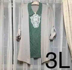 3L 大きいサイズ★重ね着風カットソー ベージュ　グリーンドット