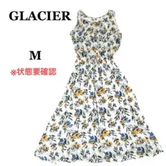 GLACIER 花柄ノースリーブ ワンピース 白 M ウエストゴム リボン 夏
