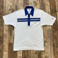 USA製ラッセルアスレチック90s半袖ポロシャツ刺繍ロゴ古着ヴィンテージ白青M