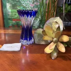 ポーランド製POLONIA青色クリスタル花瓶 約17cm カットデザイン、未使用