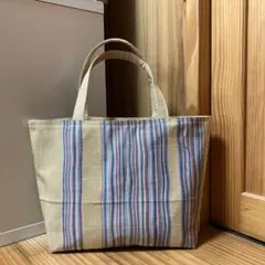 こ*ん様 312 帯リメイクバッグ　ベージュと青のストライプ トートバッグ