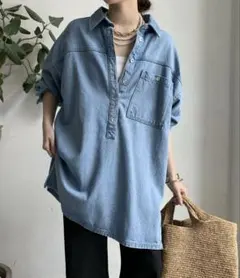 未使用【DouDou】デニムオーバーチュニックシャツ