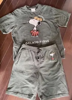ジェラートピケ オムPEANUTS スヌーピー ルームウェア 上下セットグリーン