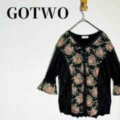GOTWO　Ｖネック　花柄レースカーディガン　リボン　フレア袖　M-L　ブラックのサムネイル