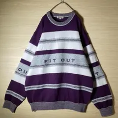 希少 ヴィンテージ ボーダー柄 ニット XL カシミヤ混 紫 白 灰色 古着