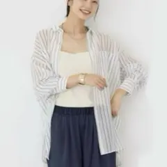 【アメリカンホリック】シアーCOOLWポケットシャツ ストライプ L 長袖 白