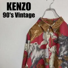 90s北斎タグKENZO総柄レーヨンシャツ美品Fケンゾー馬ホース長袖サラブレッド