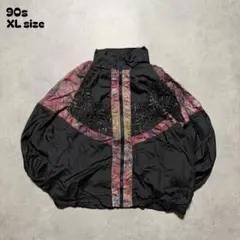 90s総柄切替ナイロンジャケット刺繍デザインXLサイズブラック短丈花柄レトロ