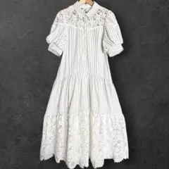Estella.K レース切替 ストライプ ティアードロングワンピース パフ袖のサムネイル