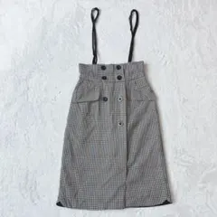 リランドチュール| ダブルボタンサスペンダー付タイトスカート【1】チェック柄