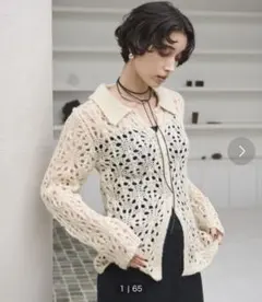 透かし編みポロニットトップス