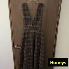 ハニーズ　ブラウン　チェック柄 Vネック キャミワンピース　LL COLZA