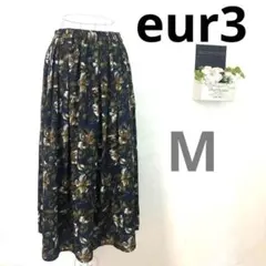 【美品】eur3 フレアスカート ギャザー ウエストゴム 花柄 9号 青のサムネイル