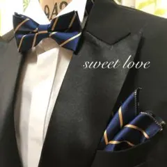 蝶ネクタイ　ポケットチーフ2点セット/ネイビー&ゴールドストライプL