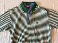 TOMMY HILFIGER 緑と白ストライプポロシャツ