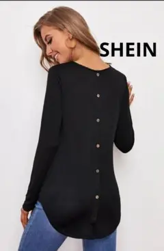 SHEIN バックボタン カーブヘム Tシャツ