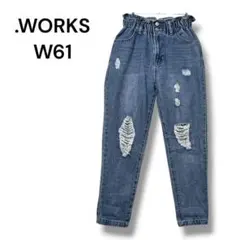 ワークス　デニム　スリム　ウエストゴム　Ｗ６１　ダメージ加工　ブルー　ジーンズ