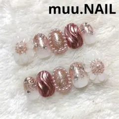 ネイルチップ 韓国 ぷっくりフラワー ニュアンス キラキラ ガーリー 苺 ピンク