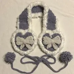 ハートのイヤーマフ リボン ハンドメイド 編み物 むらさき No.8
