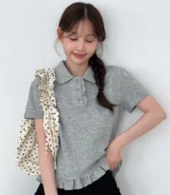 フリルカラーコットン半袖Tシャツ グレーのサムネイル