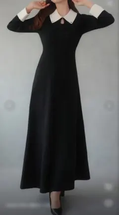 【JUNOAH】襟付き バイカラー ロングニットワンピース ブラック