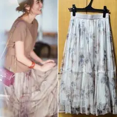ジャスグリッティー　チュールプリーツスカート 花柄プリーツロングスカート