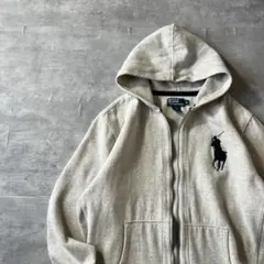 【フード裏サーマル、裏起毛】ラルフローレン古着ジップパーカー刺繍ロゴ希少XL