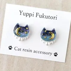yf.1446　夜空 猫ピアス　月　ネイビー×グリーン　キラキラ　レジン　パール