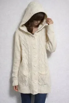 フード付き ケーブル編み ニットカーディガン レディース M アイボリー