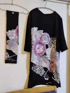 着物リメイク✨黒留袖刺繍ワンピース正絹M〜2Lミモレ丈