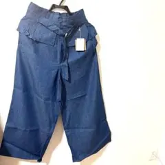 デニムコルセット風ベルト付ワイドパンツ フリル付きブルーパンツ