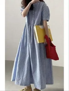 青と白のギンガムチェック 半袖シャツワンピース