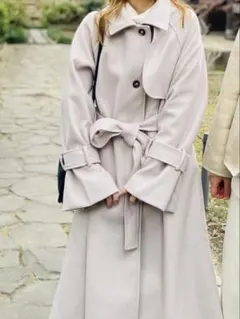GRL リボンベルト付きフェイクウールトレンチコート（オフベージュ）