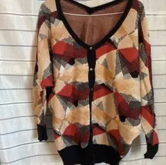 総柄カーディガン 幾何学柄 レトロ Vネック ニットカーディガン 古着