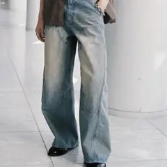 【wym】DOUBLE KNEE CURVED SEEM BAGGY DENIM