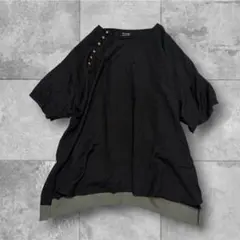 【チャイハネ】Amina 異素材切替 アシンメトリー 半袖カットソー 黒 Fのサムネイル