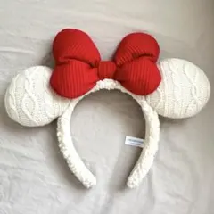 ミッキー耳 ニットヘアバンド 赤リボン