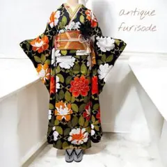 (あ987)アンティーク振袖㊗️⑤点セット 黒に白やオレンジの大柄の花模様