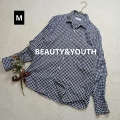1375♡ビューティアンドユース チェック柄長袖シャツ【M】白×青 カジュアル