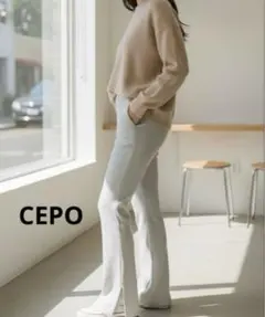 CEPO セポ　ストレッチリブフレアパンツ　ウエスト総ゴム紐付き　裾スリット