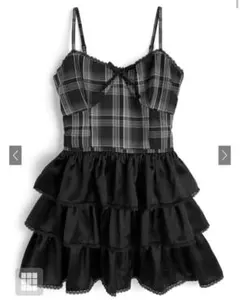 リブニットトップス×チェック柄ティアードキャミワンピースpm629 GRL