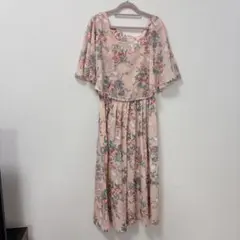 花柄フレア　スリーブロングワンピース　フェミニン　キレイめ　ウエストゴム