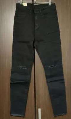 スリム　ジーンズ　デニム　スキニー　ブラック　パンツ　ダメージ　フリンジ
