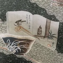 古布208 着物　ハギレ　はぎれ　鳥　雀　筍　竹の子　茶碗