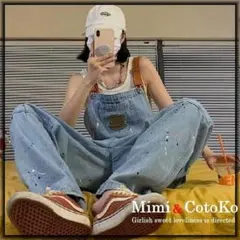 【～3L(4L)】ペイティング加工＆胸元刺繍ロゴ　デニムサロペットオーバーオール