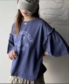 【新品未使用】綿100％袖フリル×ピグメントカレッジTシャツ