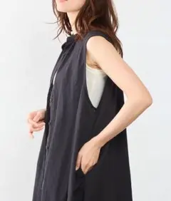 リネンコットン 黒ロングベスト ジレ