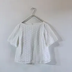 ESTNATION 36 白 総レース 半袖ブラウス 綿混 バックジップ 上品のサムネイル